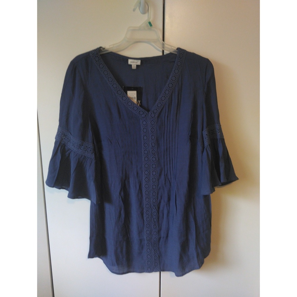 Avenue  Womens Pintuck Front Crochet Detail Tunic Top Size 14 Navy Boho Romantic